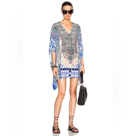 Camilla Blue White multicolor bejeweled Rainbow warrior Kaftan mini dress OS NWT - Picture 5 of 15